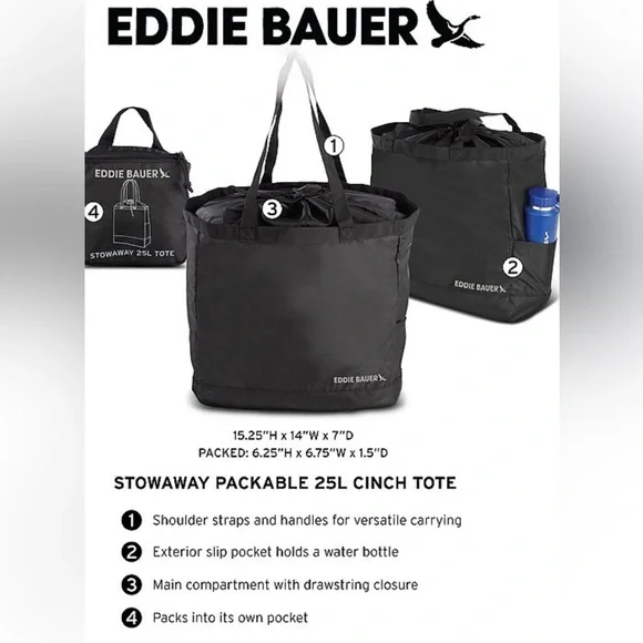 NWT Eddie Bauer Stowaway 25L Cinch Ripstop Nylon Tote in Onyx (black) - Picture 5 of 6